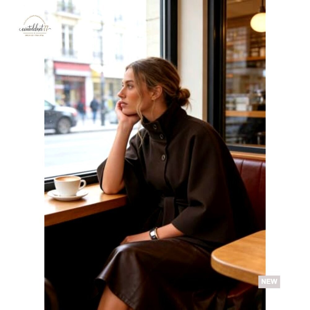 Wool Blend Pea Coat Cape Batwing Sleeve Oversized Chic Winter Cropped Overcoat - Picture 6 of 7
